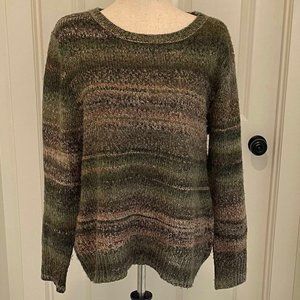 J Jill Green/Tan Stripes Pullover Crewneck Sweater Large
